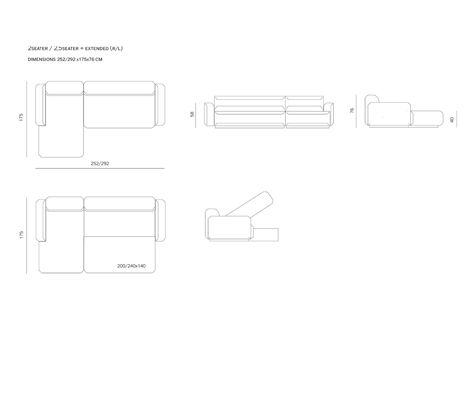 Prostoria Canapé-lit design Fade 2,5 places Dimensions de l'esquisse